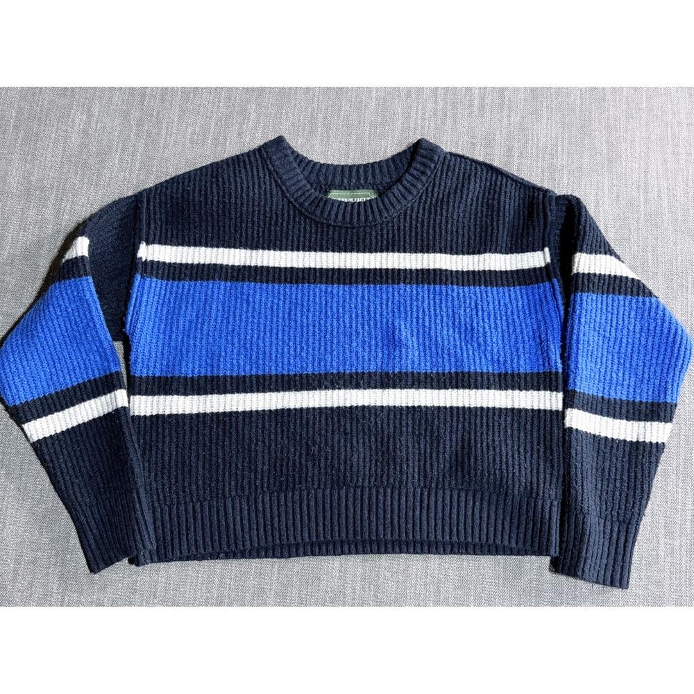 American Eagle Women Medium Navy Striped Ribbed Knit Cropped Crewneck Sweater